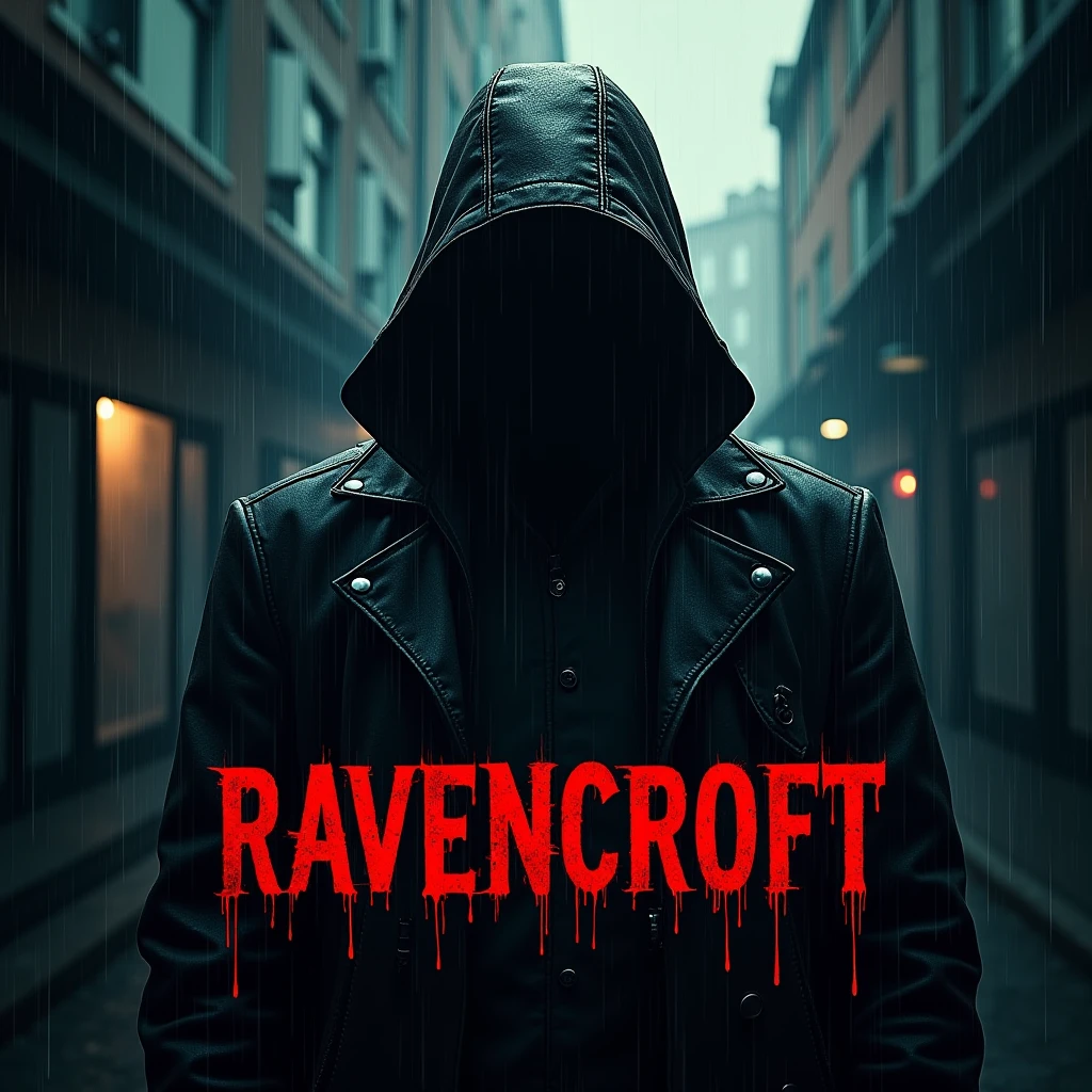Text says "RAVENCROFT" poster 1x1, text rainy criminal font