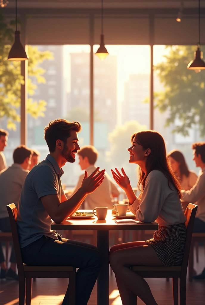 Two friends talking in a cafeteria
