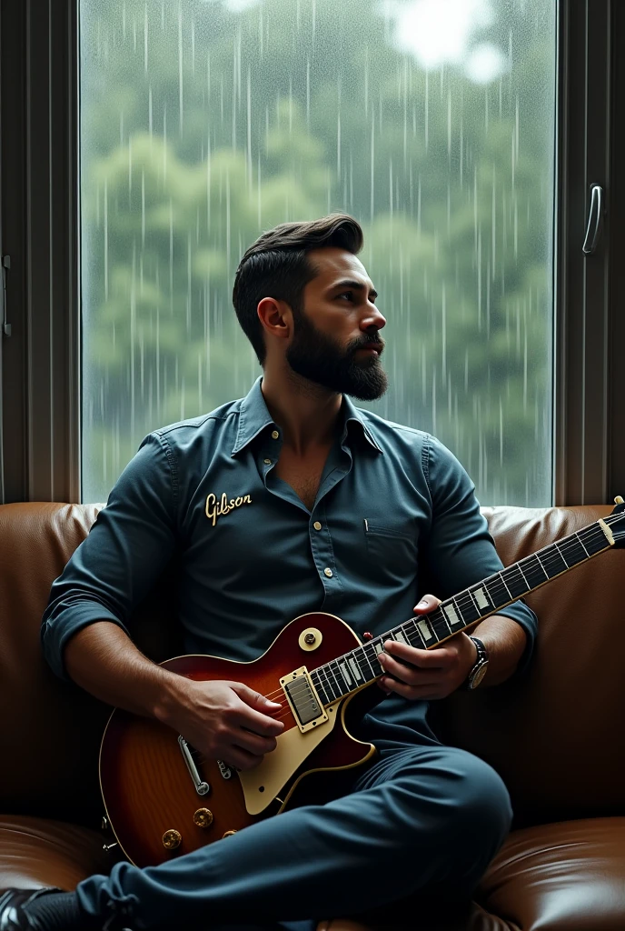 Elegant bearded man, he is sitting on the couch and behind him the rain is falling on his window, focus a lot on the rain falling on the window, he is wearing a shirt that says BLUES on the chest, he has his Gibson electric les paul guitar on his lap.