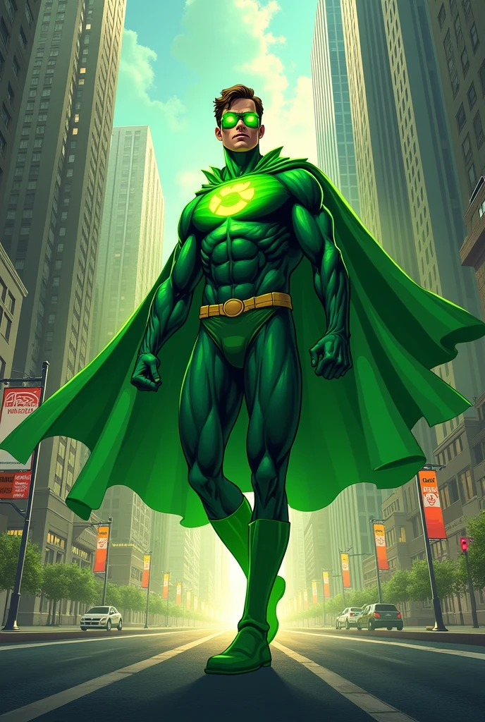 Create me an image for a comic book cover called Super Recycled and where the character is a superhero and has a green cape and his skin is green.