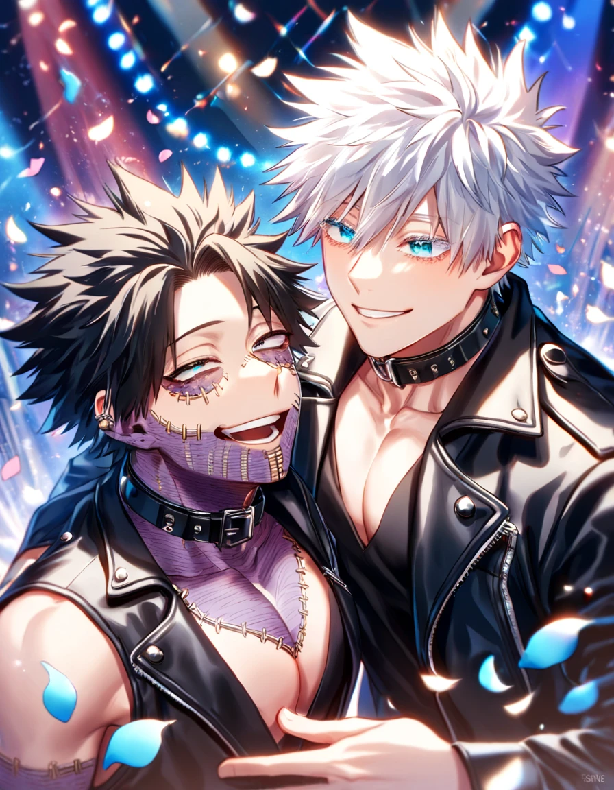 absurdres, highres, ultra detailed, HDR, master piece, best quality, extremely detailed face, delicated features, Dabi, black hair, expressive turquoise eyes, Boku No Hero Academia, Gojou Satoru, white hair, expressive blue eyes, white eyelashes, two sexy men together, yaoi, gay couple, handsome, smiling, black vest, black leather jacket, rockers, black rocker clothes, black collar, showing the chest, toned, patterns, stage, lights, petals, fantasy, magical