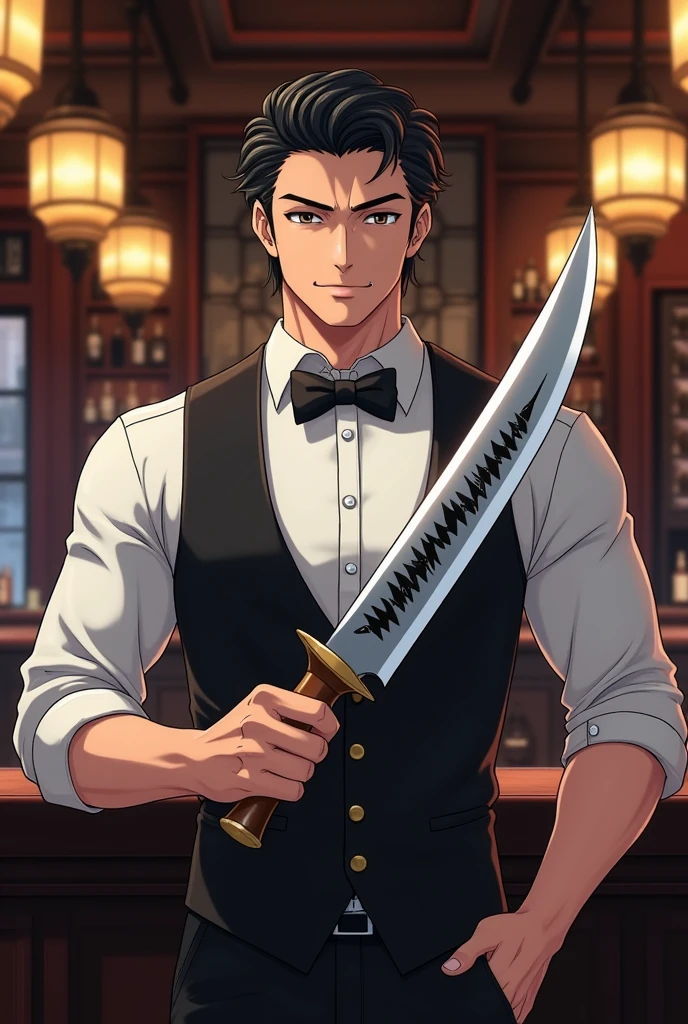 30 year old strong man, bartender outfit, very stylish, lightly combed black hair, formal face, calm eyes, With a malicious smile, holding a large hunting knife with a sharp toothed smile drawn on the knife in anime style