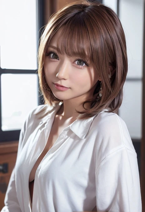 (best quality, 4K, 8k, highres, masterpiece:1.2), ultra-detailed, (realistic, photorealistic, photo-realistic:1.37), hyper detailed, extremely detailed, intricate details, sharp focus, physically-based rendering, professional, vivid colors, studio lighting、Japanese High School Girl、Natural Makeup、(Hair Color:Random)、middlehair、Inward curl、White shirt、Open shirt