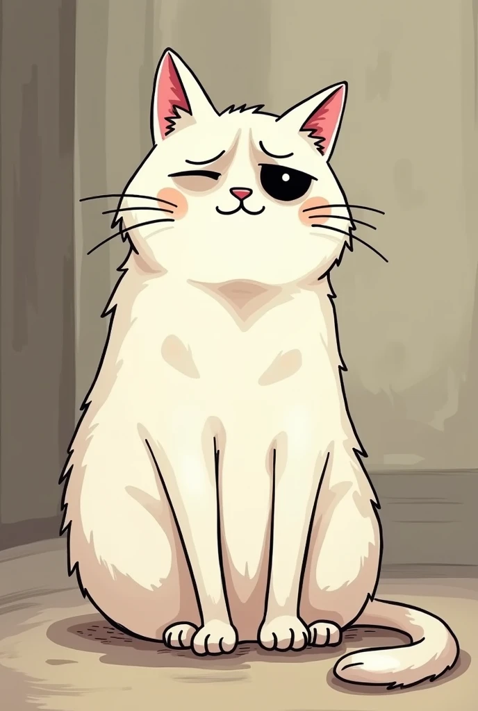 Cartoon Cat、Looking listless、I'm a little overweight、Droopy eyes、black eye、White hair、Sitting cross-legged
