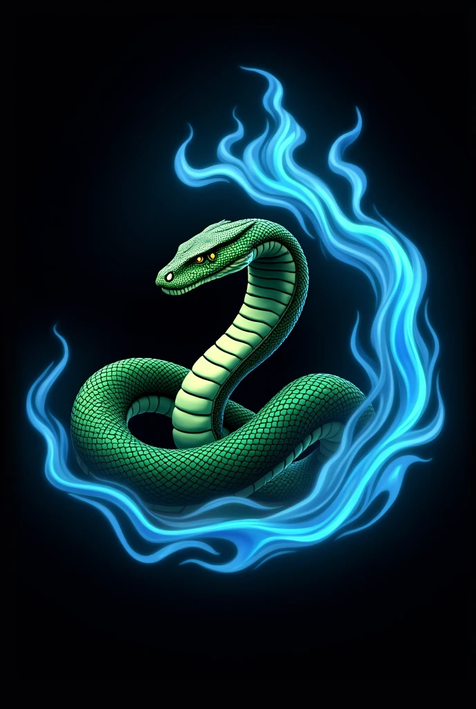 Logo of a cobra on its side with green hues, scales and a large aura of blue fire in different shades on a black background for a t-shirt