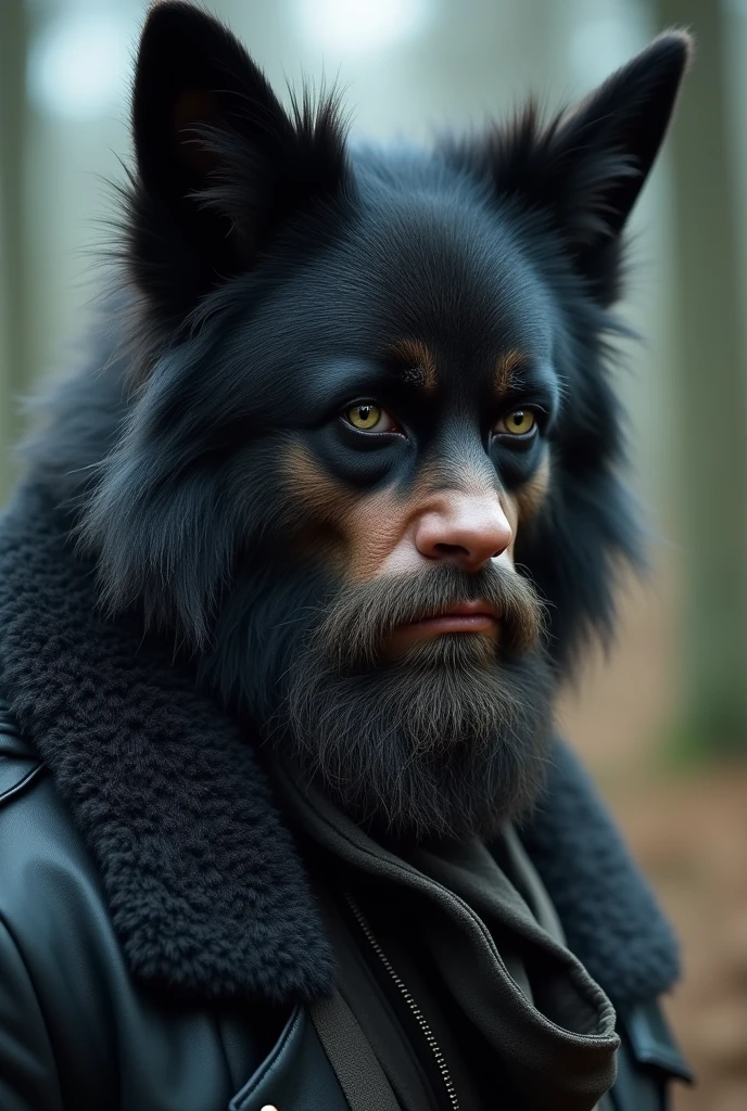 a man who is a hybrid with a wolf, having his human face with the ears of a black German Shepherd with a beard and mustache.