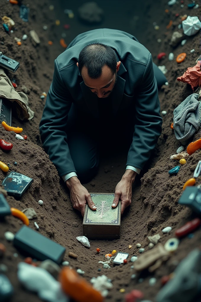 A man buried a and covered it with garbage