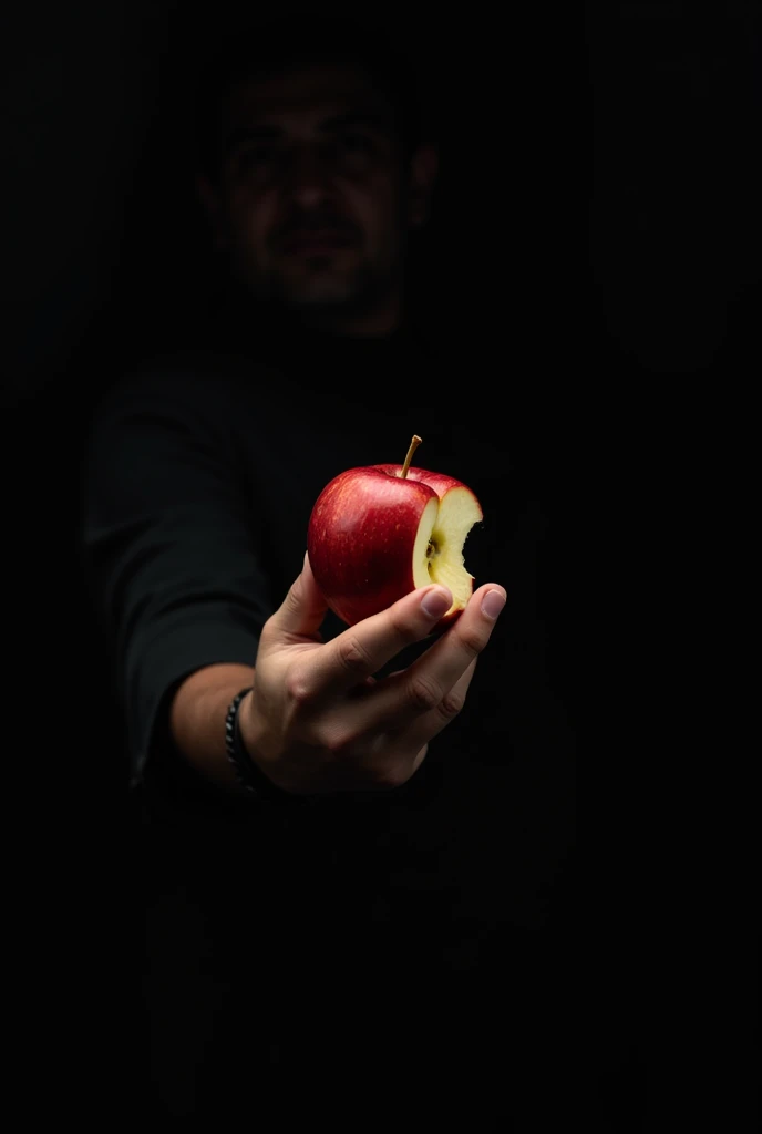 A bitten apple, being held in the hand of a man with light skin but a black background not allowing his face to be seen