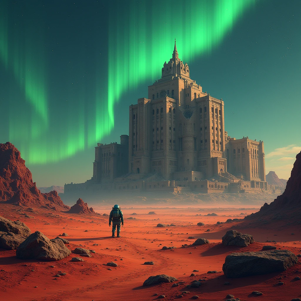 landscape, Northern Lights in the sky, (Mysterious architectural ruins of an advanced alien civilization) On Mars,(Science Fiction概念艺术),(Highest quality detailed illustrations,4K,high resolution,masterpiece:1.2),(红色星球landscape右侧鲜艳色彩:1.1),(Science Fiction),High Dynamic Range,Crumbling structure,The environment is desolate,Infinite horizon,Atmospheric perspective,(Astronaut explorer),Weird atmosphere,(Strange symbols),Unobstructed panoramic views,dusty red sand,surreal atmosphere,Distant starry sky,unforgettably beautiful,(, author：Jeremy Lipking),(author Antonio J. Manzanedo)