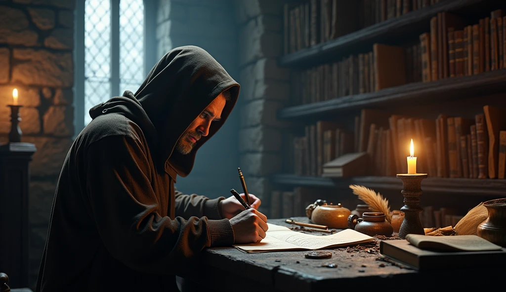 A cinematic and dark scene of a medieval monk seated in a dimly lit castle library, meticulously writing on a parchment. The monk, clad in a simple brown robe with a hood partially covering his face, is illuminated by the soft glow of a single candle on the wooden table. The flickering light casts deep shadows across the ancient stone walls and shelves filled with dusty, leather-bound tomes and scrolls. The room is filled with the scent of aged parchment and ink. Behind the monk, tall, narrow windows with iron bars allow slivers of moonlight to filter in, adding a cold, ethereal quality to the scene. The table is cluttered with quills, inkpots, and scattered scrolls, suggesting long hours of study and transcription. The monk’s focused expression reflects a deep sense of duty and reverence for the knowledge he is preserving. The overall atmosphere is one of solitude, quiet dedication, and the timeless pursuit of wisdom amidst the darkness of the medieval world., Surrealism, Hyperrealism, UHD, retina, masterpiece, accurate, anatomically correct, textured skin, super detail, 16k