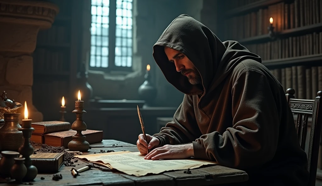 A cinematic and dark scene of a medieval monk seated in a dimly lit castle library, meticulously writing on a parchment. The monk, clad in a simple brown robe with a hood partially covering his face, is illuminated by the soft glow of a single candle on the wooden table. The flickering light casts deep shadows across the ancient stone walls and shelves filled with dusty, leather-bound tomes and scrolls. The room is filled with the scent of aged parchment and ink. Behind the monk, tall, narrow windows with iron bars allow slivers of moonlight to filter in, adding a cold, ethereal quality to the scene. The table is cluttered with quills, inkpots, and scattered scrolls, suggesting long hours of study and transcription. The monk’s focused expression reflects a deep sense of duty and reverence for the knowledge he is preserving. The overall atmosphere is one of solitude, quiet dedication, and the timeless pursuit of wisdom amidst the darkness of the medieval world., Surrealism, Hyperrealism, UHD, retina, masterpiece, accurate, anatomically correct, textured skin, super detail, 16k