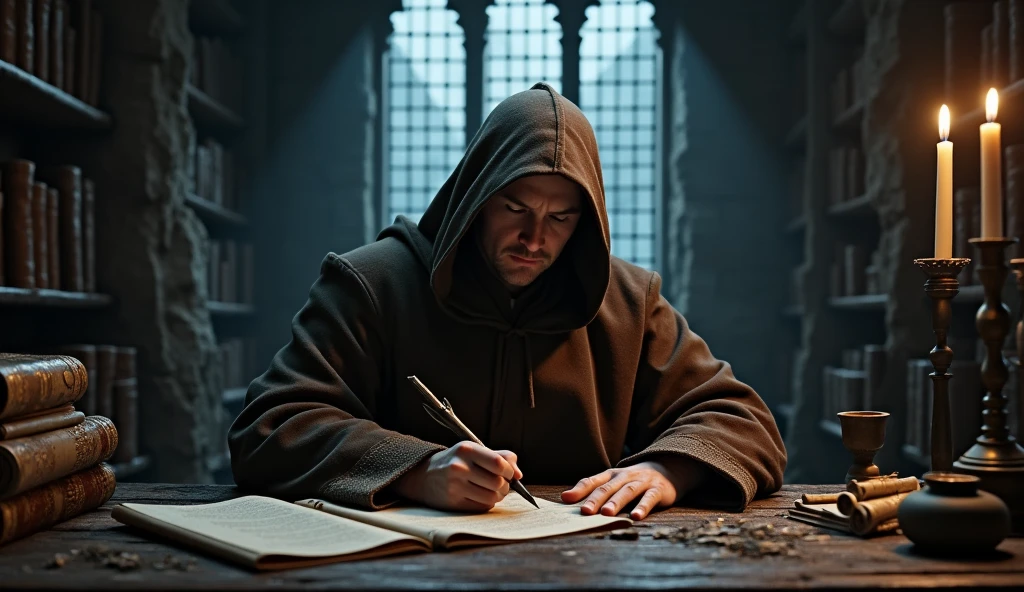 A cinematic and dark scene of a medieval monk seated in a dimly lit castle library, meticulously writing on a parchment. The monk, clad in a simple brown robe with a hood partially covering his face, is illuminated by the soft glow of a single candle on the wooden table. The flickering light casts deep shadows across the ancient stone walls and shelves filled with dusty, leather-bound tomes and scrolls. The room is filled with the scent of aged parchment and ink. Behind the monk, tall, narrow windows with iron bars allow slivers of moonlight to filter in, adding a cold, ethereal quality to the scene. The table is cluttered with quills, inkpots, and scattered scrolls, suggesting long hours of study and transcription. The monk’s focused expression reflects a deep sense of duty and reverence for the knowledge he is preserving. The overall atmosphere is one of solitude, quiet dedication, and the timeless pursuit of wisdom amidst the darkness of the medieval world., Surrealism, Hyperrealism, UHD, retina, masterpiece, accurate, anatomically correct, textured skin, super detail, 16k