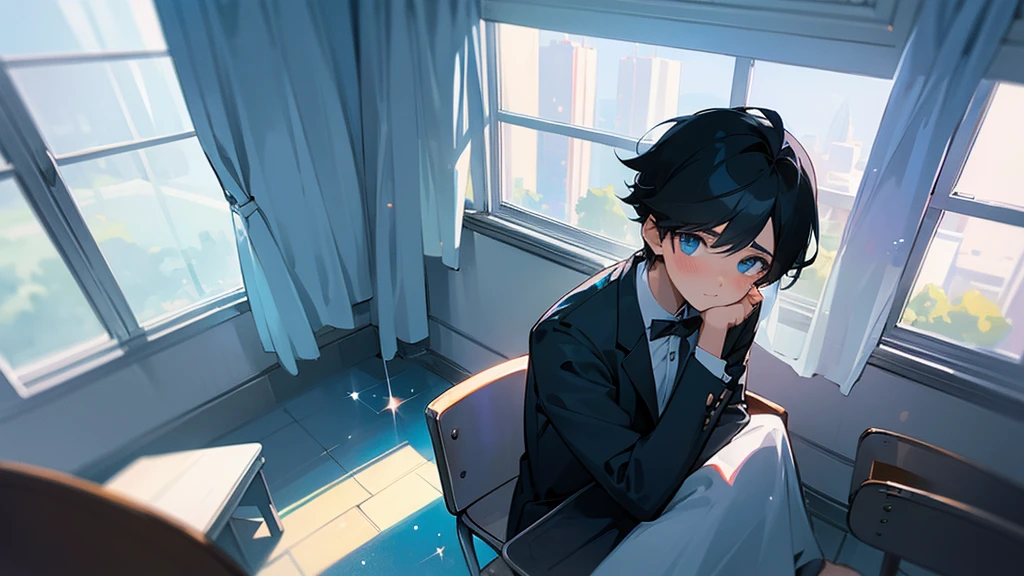 A very cool high school boy in a school uniform、blush、Black Hair、Blue sparkling eyes、Take a seat、Large windows、White Curtains、One person、solo、Retro anime style