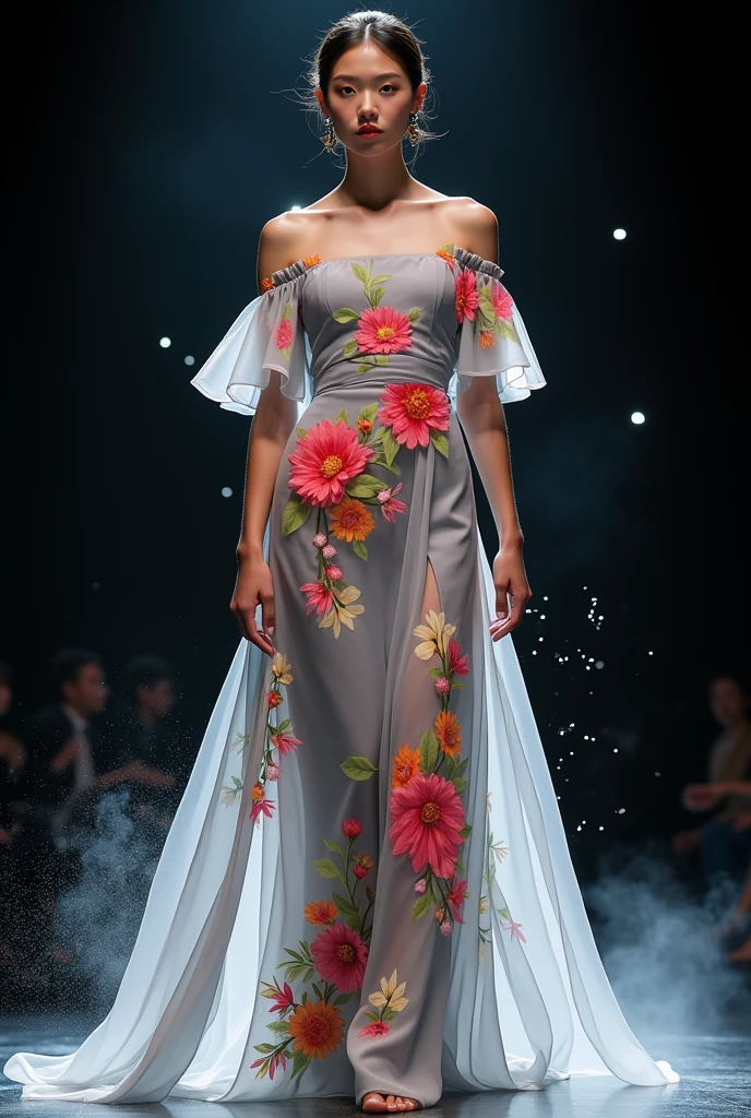 happy summer fashion design by vera wang with colourful flowers in soft grey colours and floral, wore by japanese female model, seen walking on catwalk, her hand on hip, black void background, soft silver particles, smokes and nice lighting, UHD, HDR, 8k, Masterpiece, realistic, hyper realistic. catwalk, facing straight to camera. hand on hip
