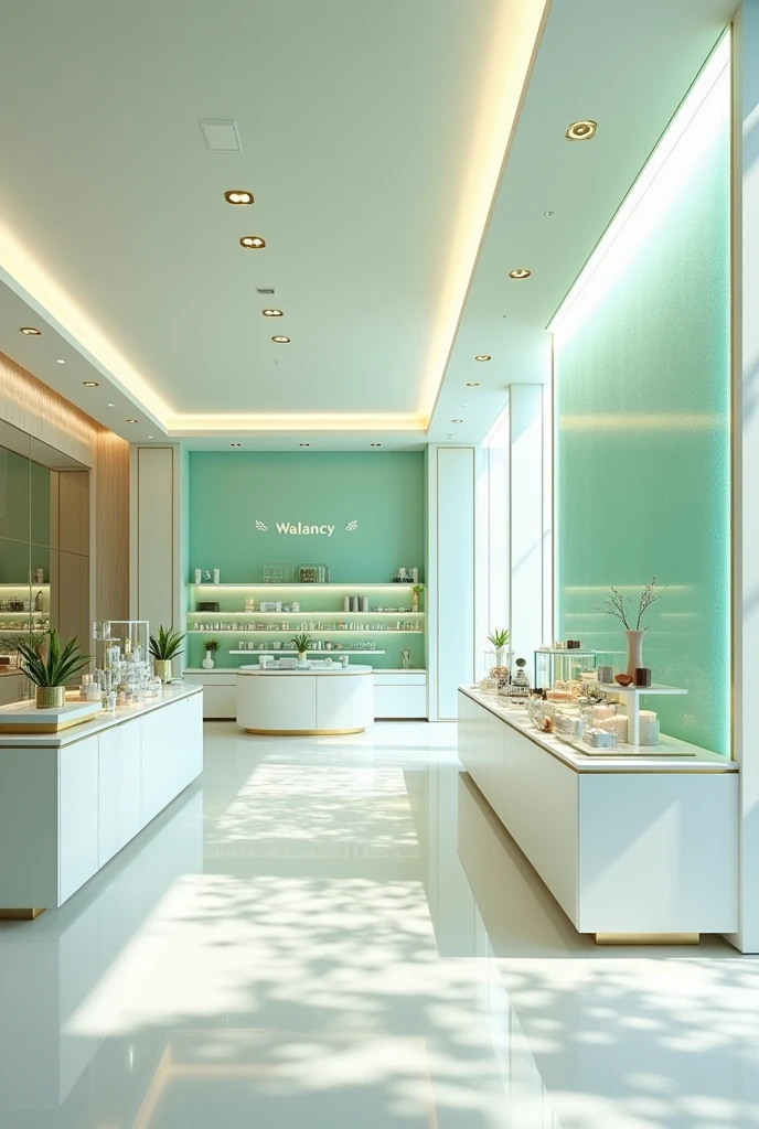 create the interior of a cosmetics store inside a shopping mall, for a brand called Walancy, in white colors, aqua green and gold