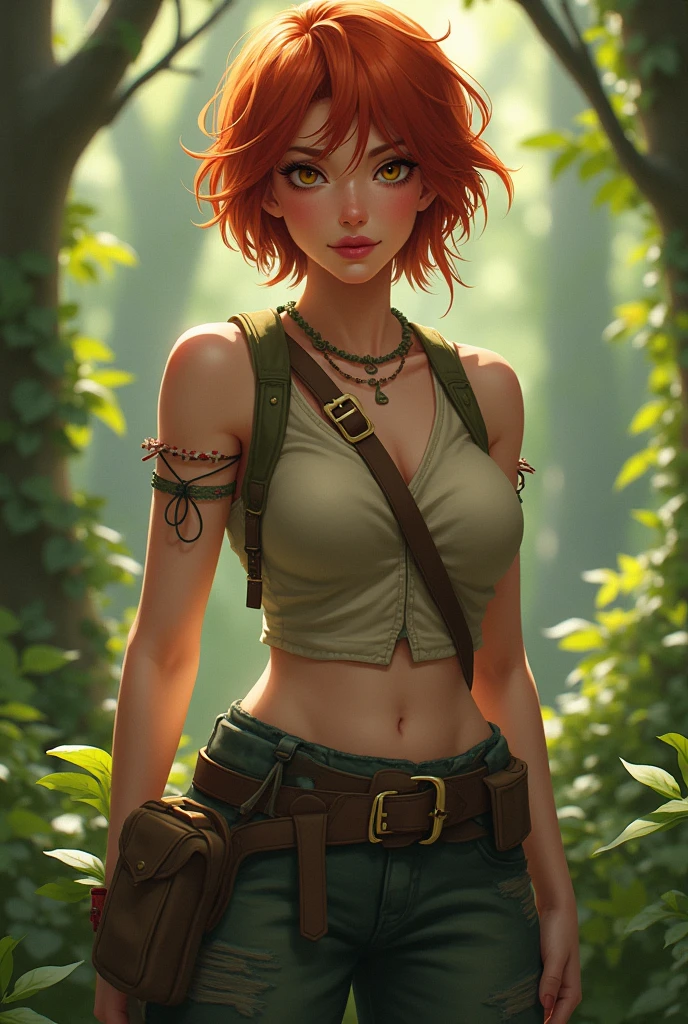 redhead woman , with thin arms but with strength, with very short hair and clothes with a more adventurous forest atmosphere but a little sweet and she is human