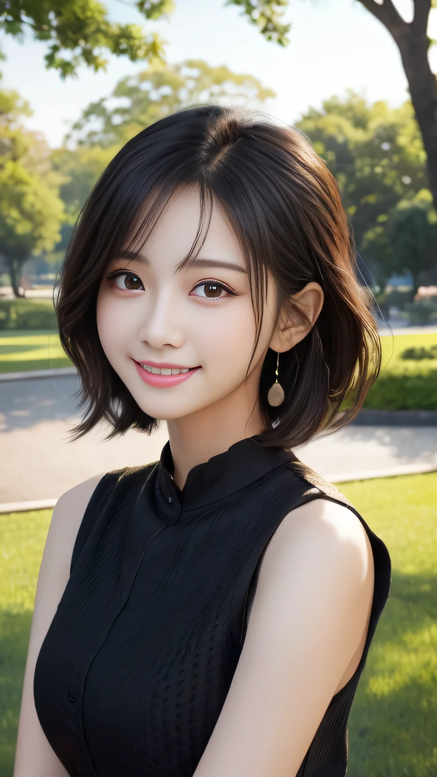 Masterpiece、Best Quality、Illustration、 Super detailed、Fine details、 High resolution、8K Denden Wallpaper、Perfect dynamic composition、Cute 2 girl、Sweet slim beautiful face、Detailed cute eyes、Textured skin、A modest smile、Wavy short hair、Small breasts、Black strap sleeveless shirt、Bold sexy pose、A large park with lawns、