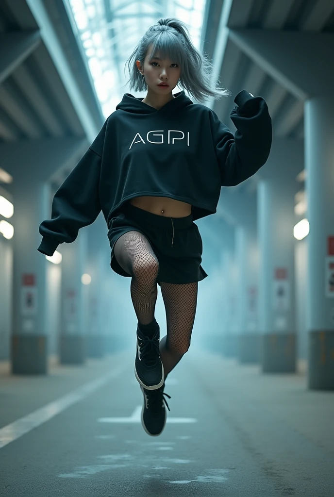 best quality, sports fashion portrait, beautiful Japanese cute  girl,, beautiful  fashion model,  Realistic, 20-years-old, gray hair, , ((active jumping, below angle)), all body shot, looking other, forcus high cut black sneakers, A sporty and modern outfit featuring a cropped top with a subtle black  logo "AGPI", , designed to accentuate the body’s contours. The top is paired with (fish net mesh) overlay that adds a stylish, athletic vibe. The cropped length of both tops creates a layered look. Completing the outfit is an oversized jacket that provides a cool and voluminous contrast, balancing the overall appearance and enhancing the active, abs, urban aesthetic. She is situated within the interior of a futuristic colony, in the deep night, with mist drifting and steam rising from concrete