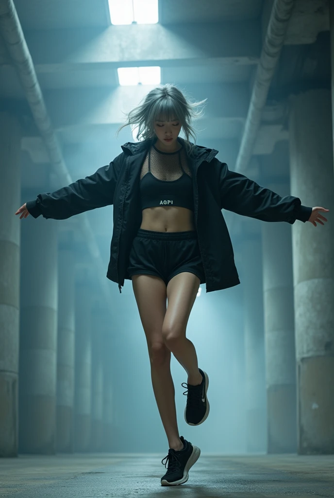best quality, sports fashion portrait, beautiful Japanese cute girl,, beautiful fashion model, Realistic, 20-years-old, gray hair, , ((active jumping, below angle)), all body shot, looking other, forcus high cut black sneakers, A sporty and modern outfit featuring a cropped top with a subtle black logo "AGPI", , designed to accentuate the body’s contours. The top is paired with (fish net mesh) overlay that adds a stylish, athletic vibe. The cropped length of both tops creates a layered look. Completing the outfit is an oversized jacket that provides a cool and voluminous contrast, balancing the overall appearance and enhancing the active, abs, urban aesthetic. She is situated within the interior of a futuristic colony, in the deep night, with mist drifting and steam rising from concrete