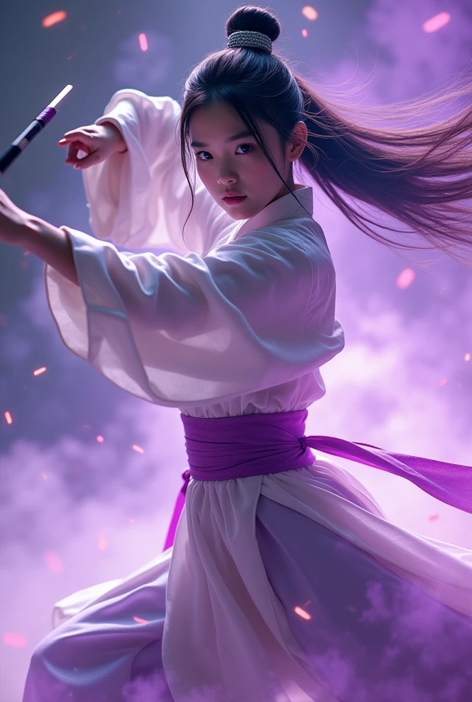 A handsome Chinese girl, Sharp eyes, Clear facial features, Wearing Hanfu, Fighting Stance, Martial Arts Action, The body is surrounded by purple mist, Surrounding Runes, Holographic Reality, Holographic Aura, Motion Blur, Game lighting effects, Rim Light, Soft Light, movie Rim Light, Exquisite lighting, masterpiece, Very detailed, Epic creation, Ultra HD, high quality, best quality, 32K, slender body shape, short hair, blue hair