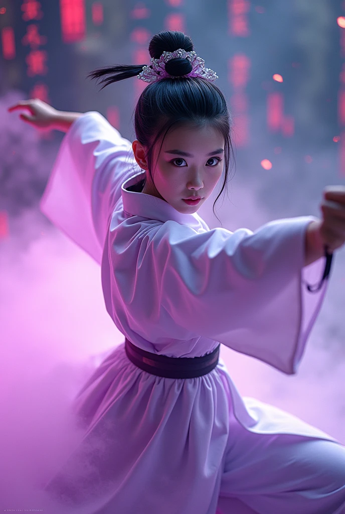 A handsome Chinese girl, Sharp eyes, Clear facial features, Wearing Hanfu, Fighting Stance, Martial Arts Action, The body is surrounded by purple mist, Surrounding Runes, Holographic Reality, Holographic Aura, Motion Blur, Game lighting effects, Rim Light, Soft Light, movie Rim Light, Exquisite lighting, masterpiece, Very detailed, Epic creation, Ultra HD, high quality, best quality, 32K, slender body shape, short hair, blue hair