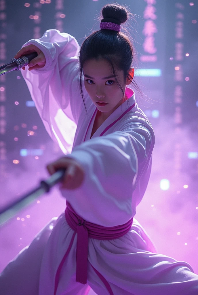A handsome Chinese girl, Sharp eyes, Clear facial features, Wearing Hanfu, Fighting Stance, Martial Arts Action, The body is surrounded by purple mist, Surrounding Runes, Holographic Reality, Holographic Aura, Motion Blur, Game lighting effects, Rim Light, Soft Light, movie Rim Light, Exquisite lighting, masterpiece, Very detailed, Epic creation, Ultra HD, high quality, best quality, 32K, slender body shape, short hair, blue hair