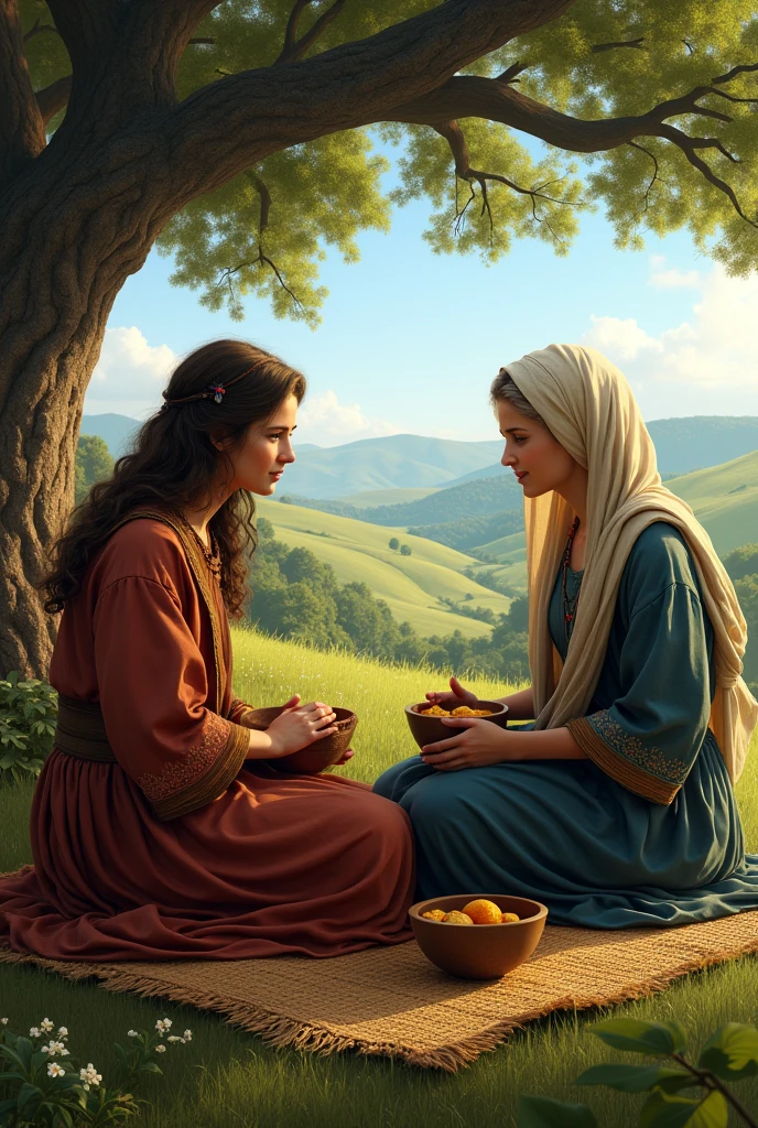 Realistic image of Ruth and Naomi eating under a tree