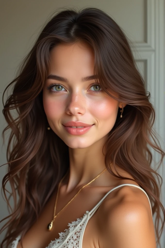 I need a realistic image of a female teenager, extremely beautiful. Her hair is brown and her skin tone is tanned white..