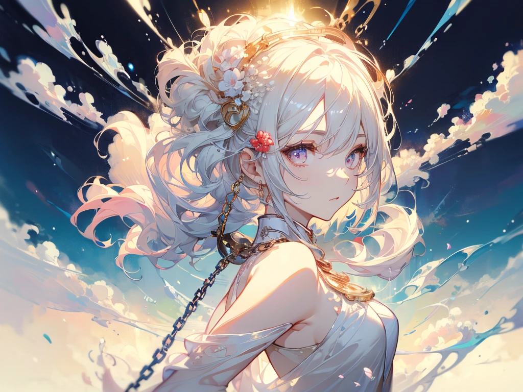 ((masterpiece, best quality)), Delicate face,goddess,cloud顶天宫,cloud,Chinese style,antiquity,whole body,Long legs,Standing,Perfect body proportions,Handsome short hair,beautiful eyes,Fantasy style,Extremely beautiful,Pure white background,transparent,Large Breasts,nude,chain,sexly,Pantyhose