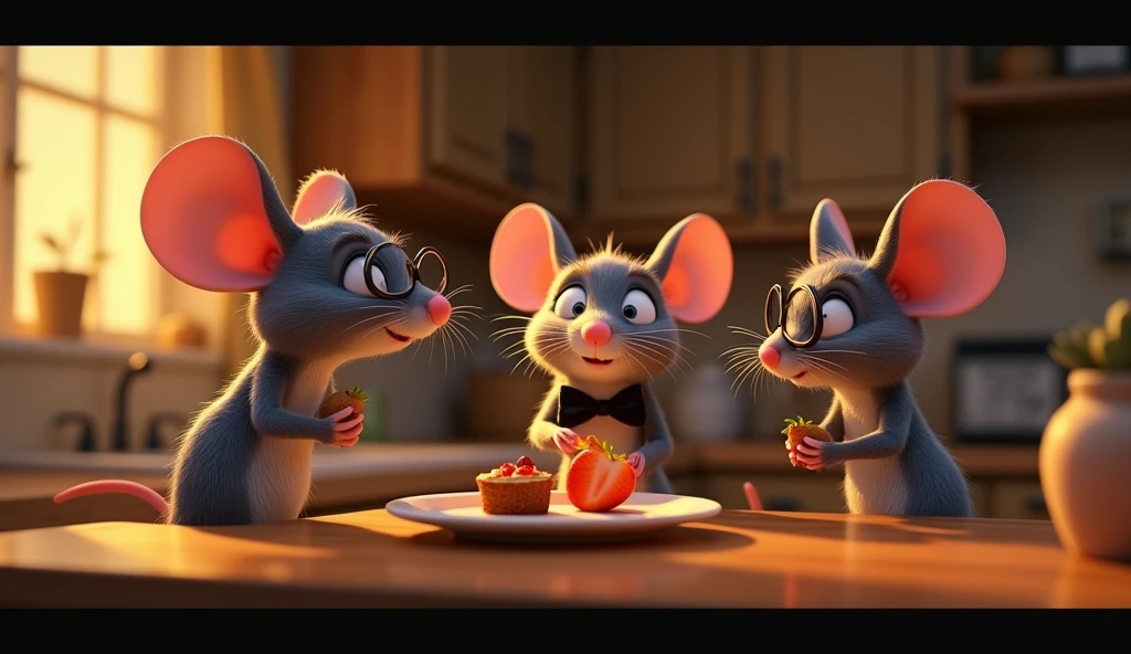 SIDE CAMERA VIEW OF A 3d pixar animation style of 3 ADULT GREY MICE ONE OF THEM HAS A BOW TIE AND ONE OF THEM IS WEARING GLASSES, EATING A PIECE OF STRAWBERRY AND CAKE ON THE MAIN CABINET IN A KITCHEN AT NIGHT , ILLUMINATED BY YELLOW ARTIFICIAL LIGHT