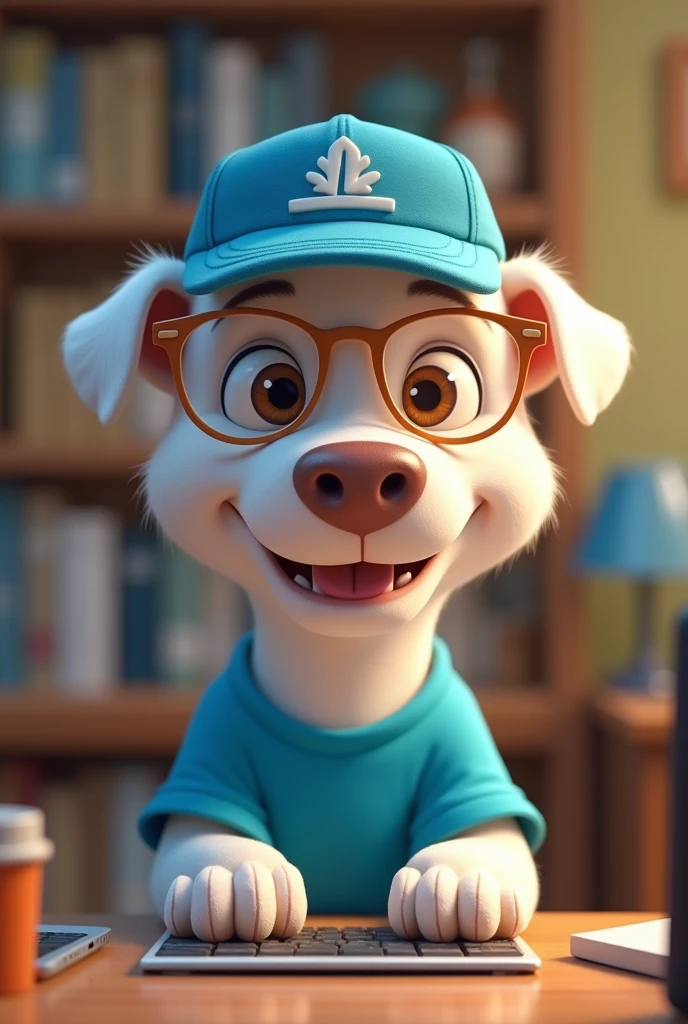 White pitbull dog wearing clear glasses, lightbrown eyes, blue cap, blue csmisa,  Disney  style,  using computer. 4K