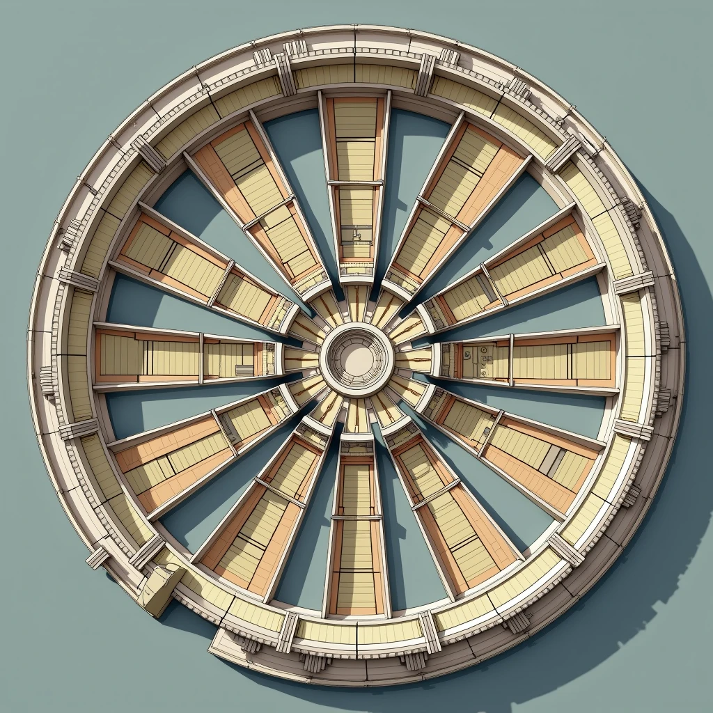 The radial space organizes the architectural design around a central point, with elements and areas arranged in a radial pattern extending outward from this central point. 