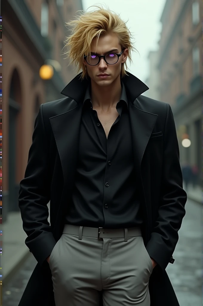 a guy, grown-up, cos estético, messy blonde hair, purples eyes, light gray pants, round glasses, vicious, men's dress Black shirt, best qualityer, Dark  trench coat