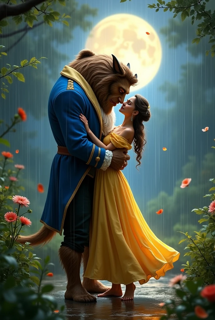 beauty and the beast dancing in the rain at night and the bright moon

