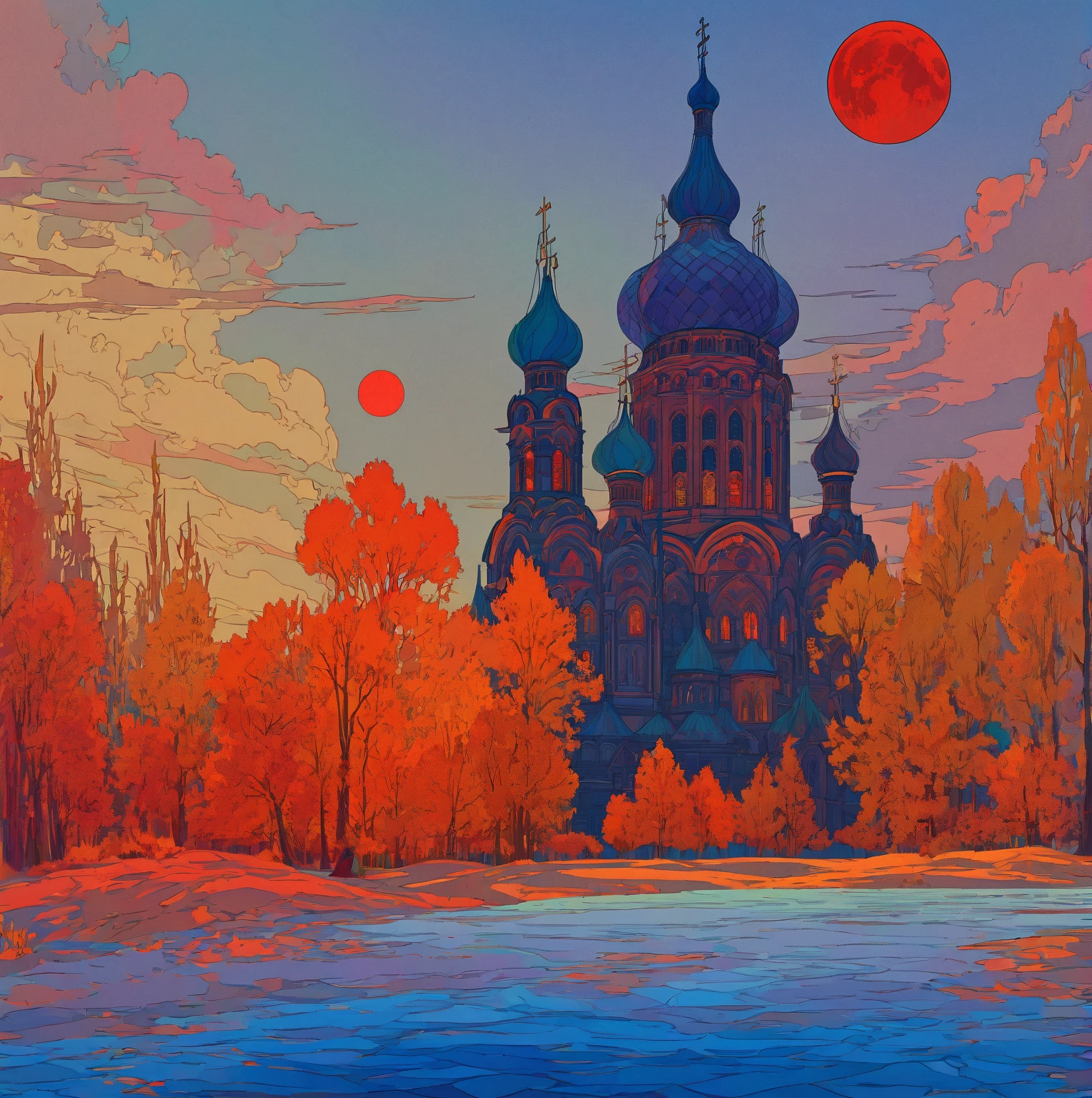 cathedral, red moon in sky, inspired by ivan bilibin, slavic epic, inspired by igor grabar, saint basil's cathedral, inspired by yuri ivanovich pimenov, beeple, alphonse mucha, alexander deneika, inspired by alexander deneika, inspired by andrey esionov, architectural, well-structured, dramatic lighting, dramatic colors, intricate details, cinematic composition, atmospheric, moody, mystical, surreal, dark fantasy, digital art, concept art