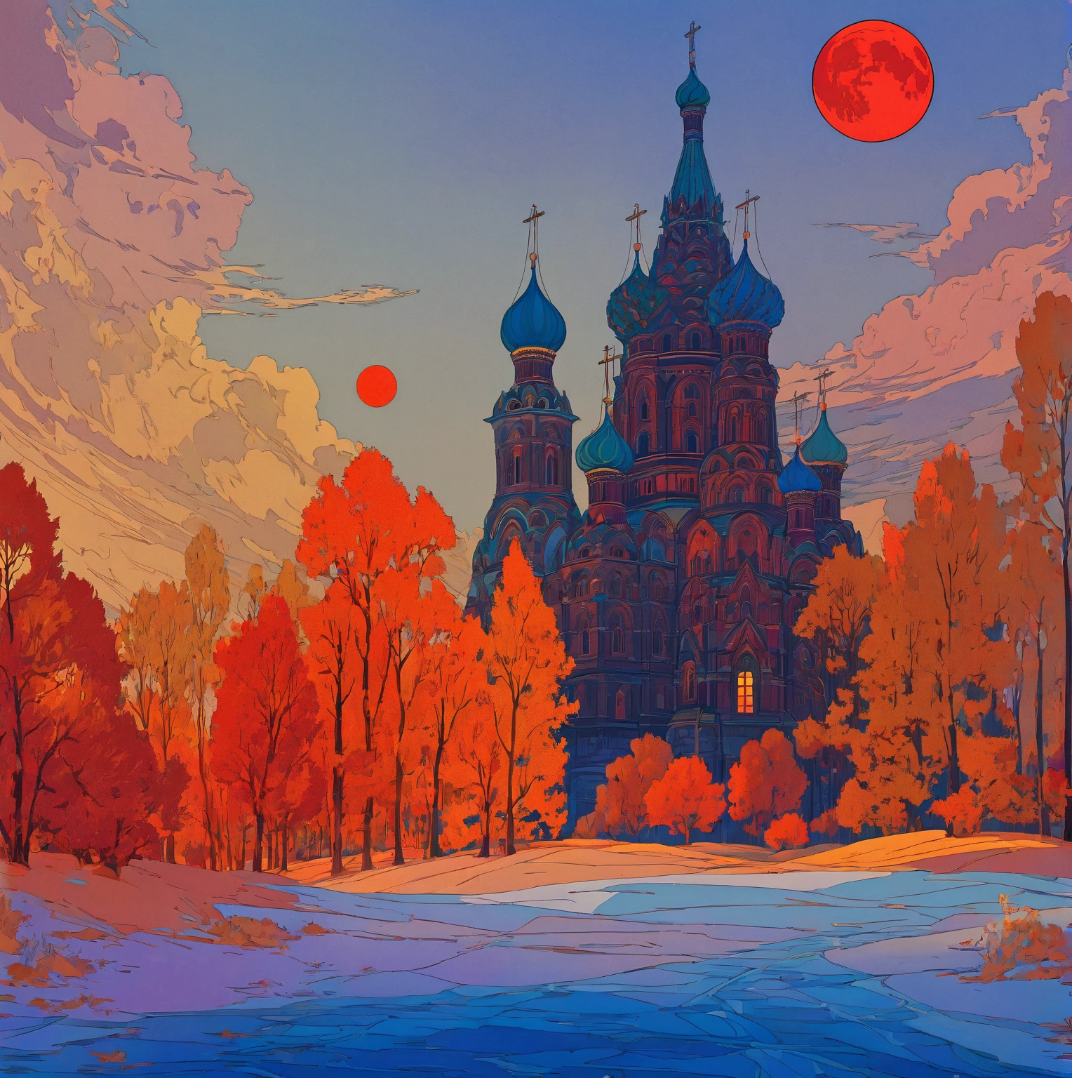 cathedral, red moon in sky, inspired by ivan bilibin, slavic epic, inspired by igor grabar, saint basil's cathedral, inspired by yuri ivanovich pimenov, beeple, alphonse mucha, alexander deneika, inspired by alexander deneika, inspired by andrey esionov, architectural, well-structured, dramatic lighting, dramatic colors, intricate details, cinematic composition, atmospheric, moody, mystical, surreal, dark fantasy, digital art, concept art