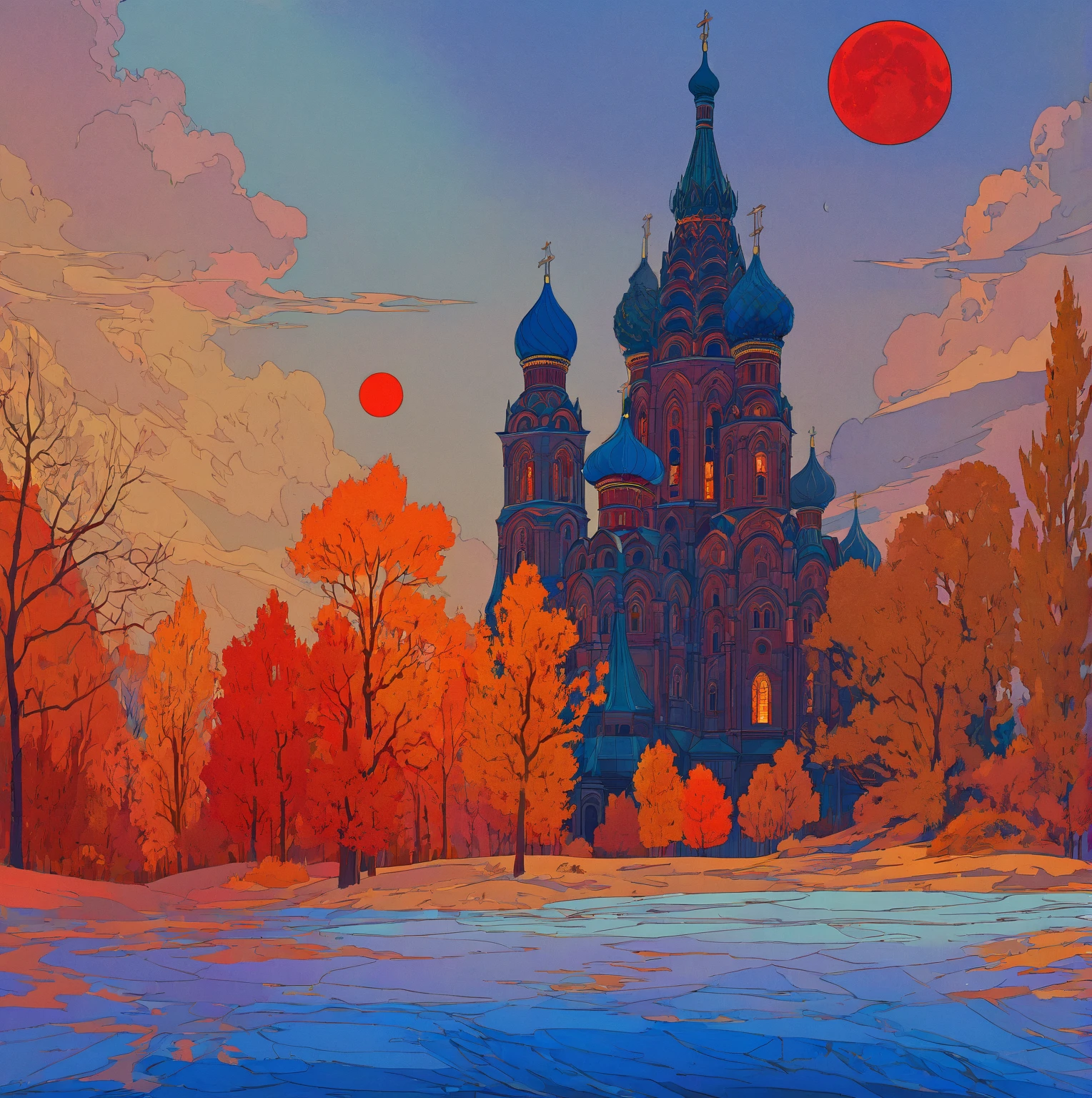 cathedral, red moon in sky, inspired by ivan bilibin, slavic epic, inspired by igor grabar, saint basil's cathedral, inspired by yuri ivanovich pimenov, beeple, alphonse mucha, alexander deneika, inspired by alexander deneika, inspired by andrey esionov, architectural, well-structured, dramatic lighting, dramatic colors, intricate details, cinematic composition, atmospheric, moody, mystical, surreal, dark fantasy, digital art, concept art