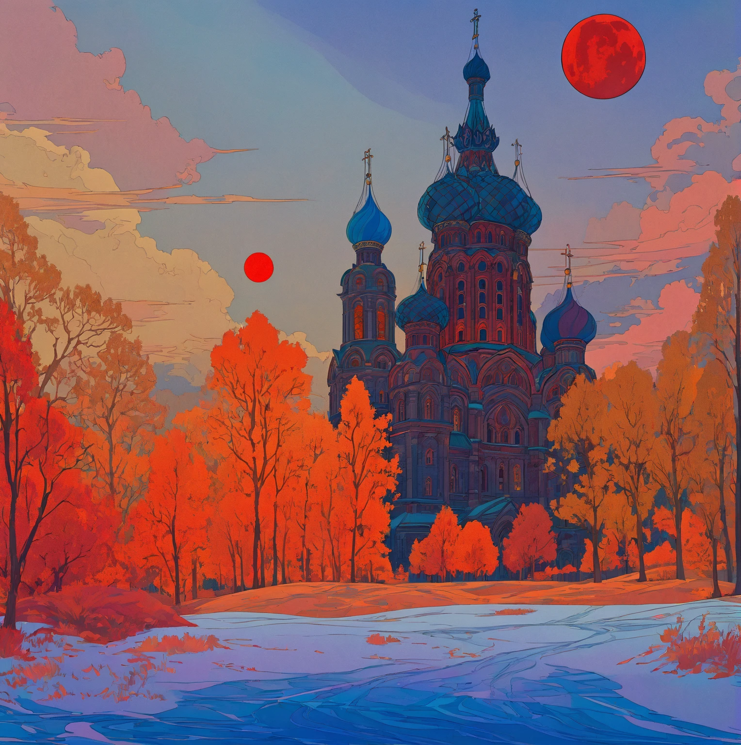 cathedral, red moon in sky, inspired by ivan bilibin, slavic epic, inspired by igor grabar, saint basil's cathedral, inspired by yuri ivanovich pimenov, beeple, alphonse mucha, alexander deneika, inspired by alexander deneika, inspired by andrey esionov, architectural, well-structured, dramatic lighting, dramatic colors, intricate details, cinematic composition, atmospheric, moody, mystical, surreal, dark fantasy, digital art, concept art