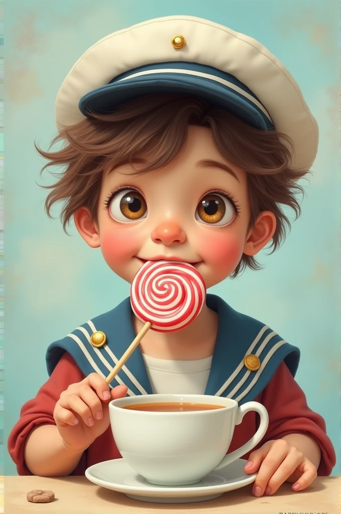 English-American boy with brown hair and brown eyes, White tea in the foreground wearing a somewhat ridiculous sailor costume and eating a huge lollipop