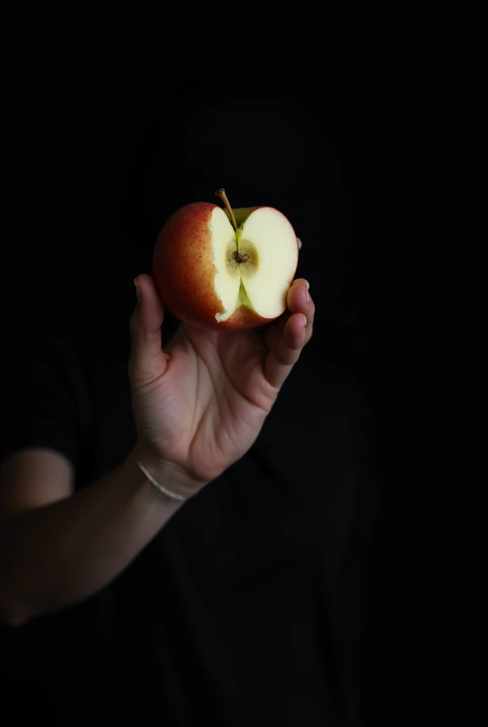 A bitten apple, being held in the hand of a man with light skin but a black background not allowing his face or arm to be seen