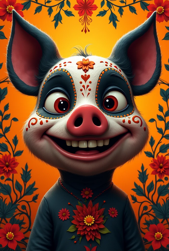 Generate me an image of an animated pig head in Day of the Dead style in black and orange