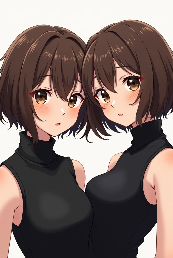 boku no hero academia art style, Horikoshi art style, 2 woman, short fluffy medium brown hair, bangs split in three sections, longer strands franing bangs, hazel eyes, tired eyes, black sleeveless turtleneck