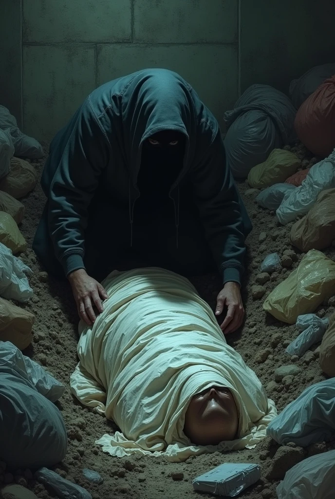 A man buried a  covered in sheets and covered it with garbage 