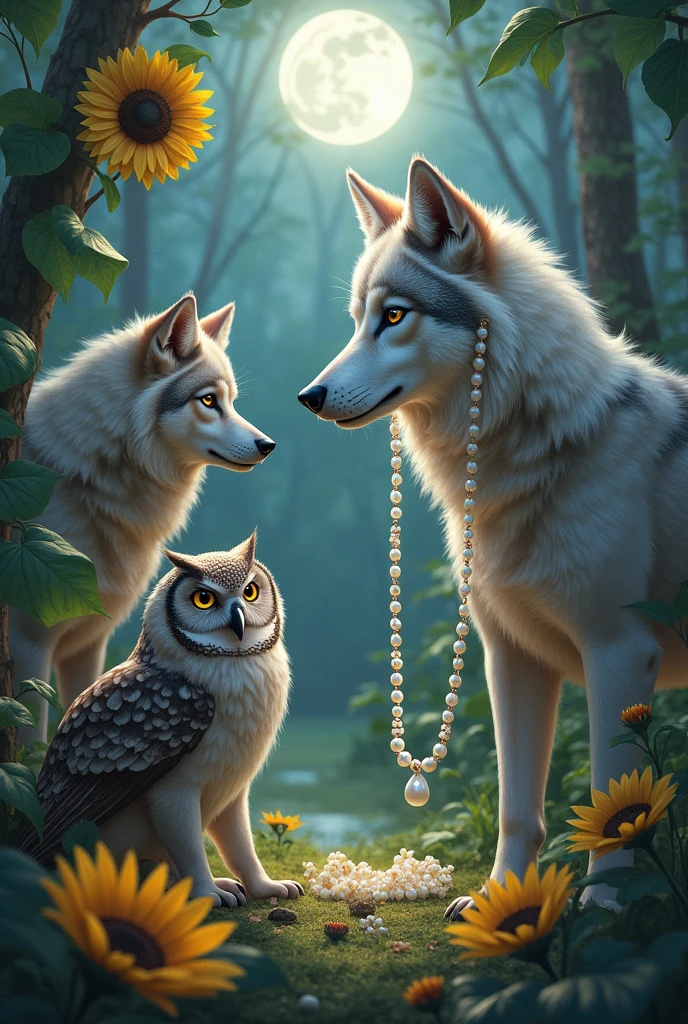 Two Wolves, an owl, Pearl necklace, sunflower


