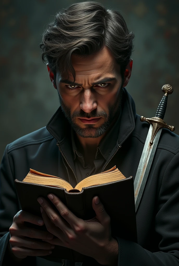 (fotorrealism:1.2), A man holding a bible , your eyes shine like a light.. with a dagger on the right side of the body