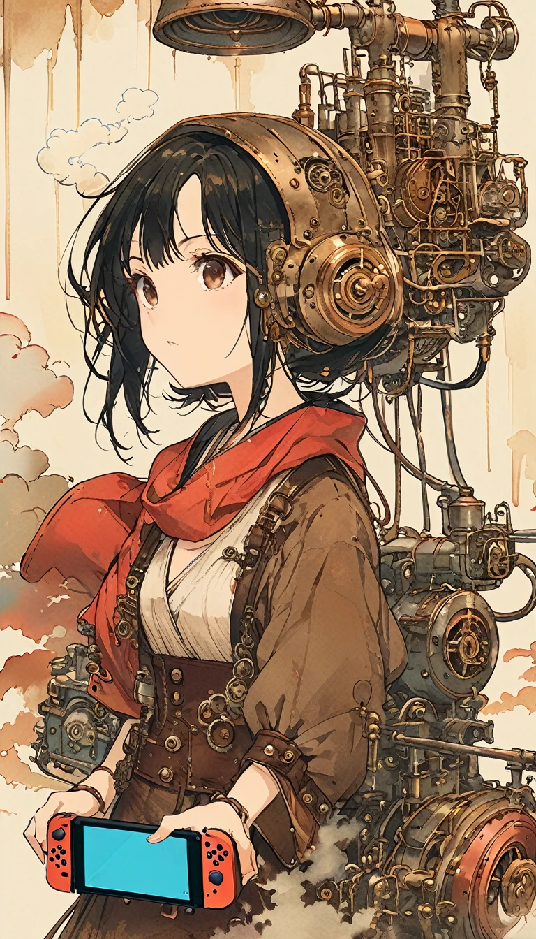 (Skinny girl) (Short bob style hair) (Black Hair) (Dark brown eyes) (parts) (Playing on Nintendo Switch)、Upper Body、Mechanical Body、partsが発光、Steam engine、steampunk、The Style of Kawanabe Kyosai