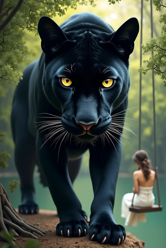 A black panther animal, at the top and at the bottom a woman in the background on the swing with some trees and a lake