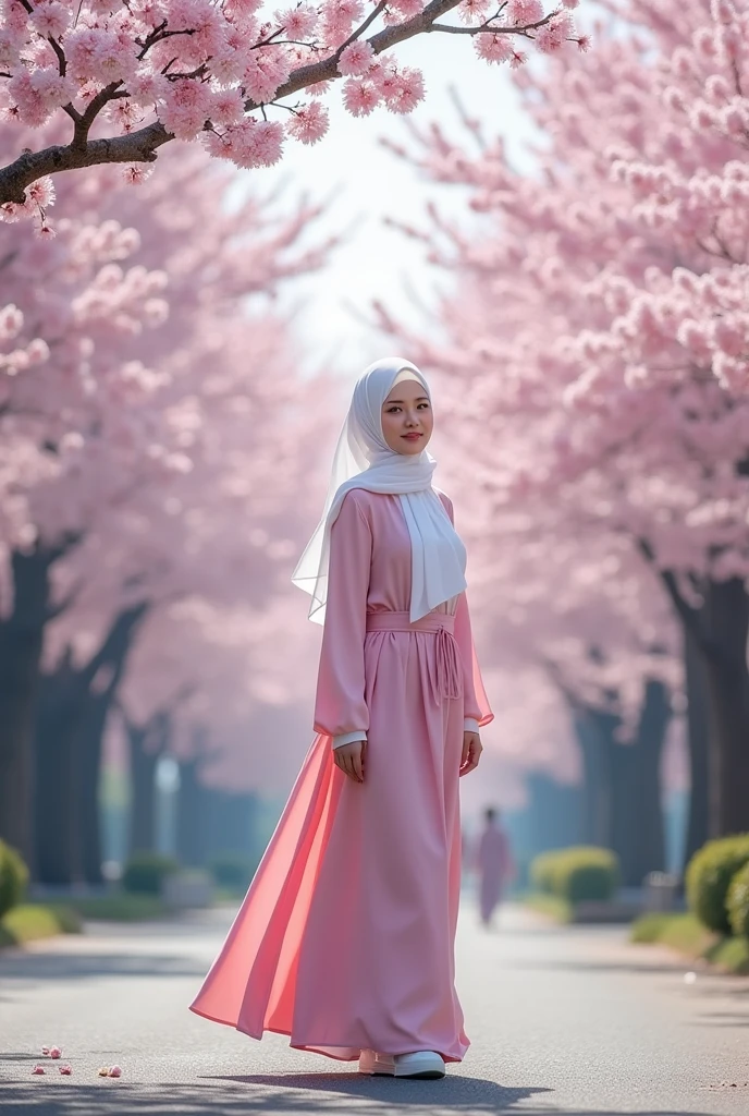 The view is simply amazing,under the bright blue sky, a beautiful korean woman, smooth white skin, well-groomed face, wearing a long white hijab, memakai dres rajut panjang pink celana kargo coklat, white shoes, walking gracefully,under the blooming cherry blossom trees.eyes looking at camera, some flowers fall, left and right of the road are cherry blossom trees in full bloom,and beautiful. The cherry blossom tree looks realistic in the photo. Cherry blossom tree background,Realistic original photo.