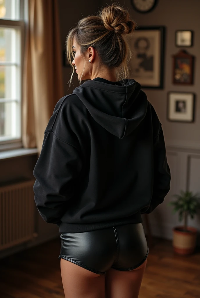 black woman hair in a bun black hoodie black leather short shorts being fucked in the ass by a old grandma in a dress