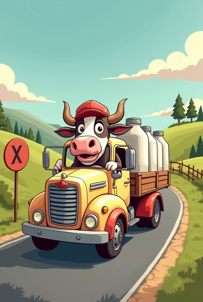 Cartoon of a cow driving a milk truck with milk cans